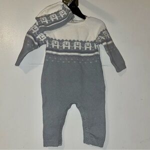Gray and White Knit Baby Romper with Hat